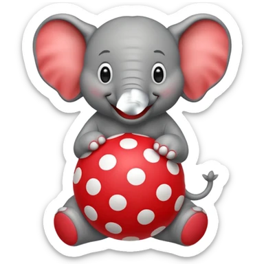 Create a cute emoji of a smiling cartoon elephant balancing a red patterned ball on its trunk sticker