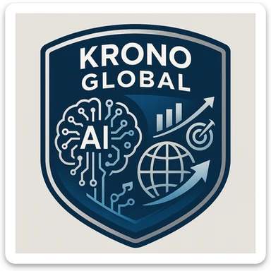Badge-style logo for Krono Global, blending AI elements like circuit and brain, global commerce symbols like globe and arrows, and marketing icons like chart and target, in a dynamic, international business look, modern and tech-inspired. sticker