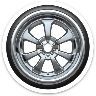 A chrome car wheel emoji, polished silver metal rim, smooth circular shape, minimal futuristic design, soft reflections, iOS emoji style, centered on white background, ultra clean look sticker
