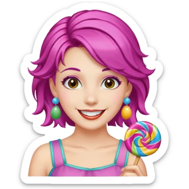 colorful hair woman with candy accessories, not holding a candy sticker