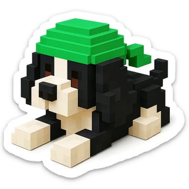 A black and white Russian Cocker Spaniel puppy wearing a green durag, voxel style, lying down sticker