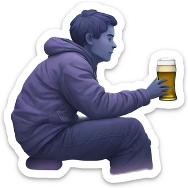 Person sat on a nebula drinking beer, line drawn style sticker