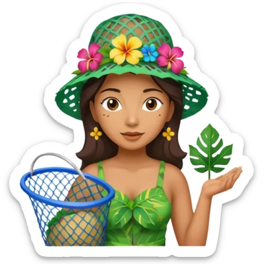 Hawaiian woman with leaf hat and big trash net and colorful cloth sticker