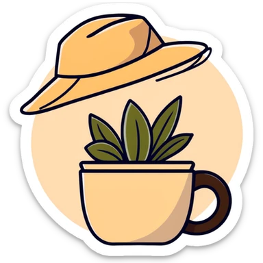 beige aesthetic coffee cup, journal, plant pot, and straw hat sticker