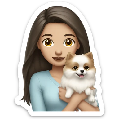Brunette girl with light skin and blue eyes holding a white pomeranian  sticker