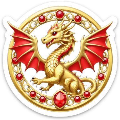 Golden dragon with wings crest / brosch in a circle with red gems and no background sticker
