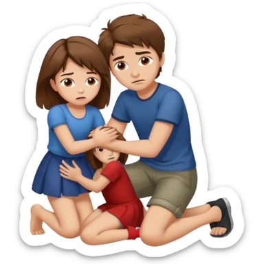 boy with messy brown hair and short putting his foot on a kneeling girl's head sticker