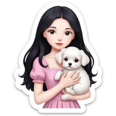 beautiful girl with long black hair wearing pink dress holding a white Maltese puppy sticker