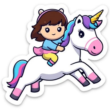 An adorable little brunette girl with bangs and riding a unicorn sticker