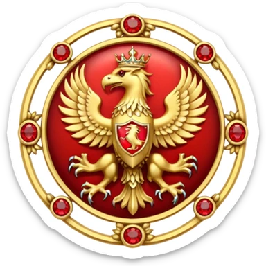 Golden griffin crest / brosch in a circle with red gems and no background sticker
