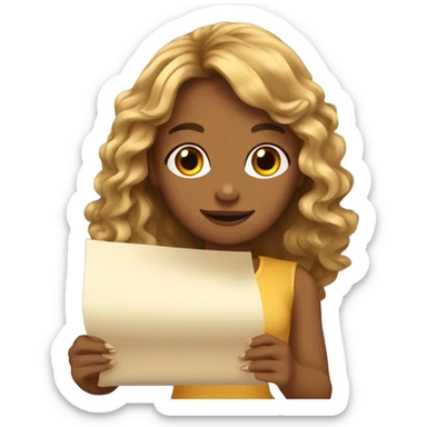 TAN SKIN GIRL with long gold wavy hair and bangs holding paper sticker