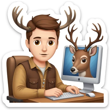 White Guy works at computer with deers antlers, redneck clothes, brown eyes  sticker
