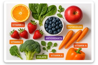 focus su frutta e verdura a tutto schermo e i micronutrienti contenuti in essa sticker