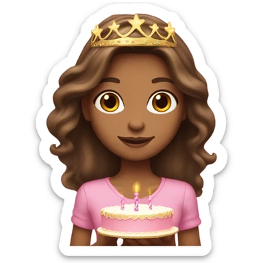 Beautiful tan skinned brunette with long hair and a pink birthday cake and gold tiara sticker