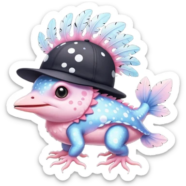 black bird with white spots on its body wearing an axolotl hat sticker