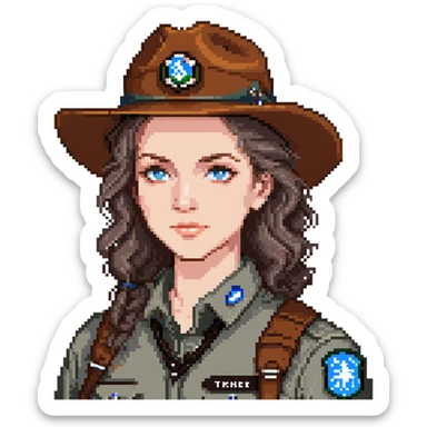 white woman park ranger with blue eyes and brown and gray hair sticker