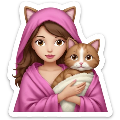 girl with long wavy brown hair, brown eyes, long lashes makeup, sexy pink lips, light to medium complexion, wearing a pink sexy silk top, big blanket over the head cozy holding a cat sticker