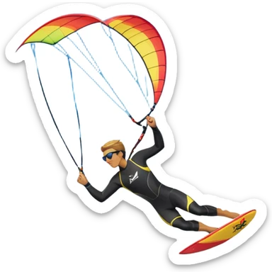 A kite surfer soaring above the waves, holding onto a kite with the wind in full force. The background showcases the ocean and sky, emphasizing the freedom, thrill, and energy of the sport. The motion of the kite and board is dynamic, capturing the excitement of kiting. sticker