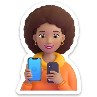 Afro-Caribbean female smiling, holding iPhone, recording sticker