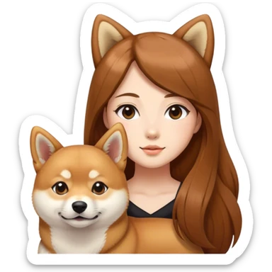 A girl with long brown hair with a Shiba Inu.  sticker