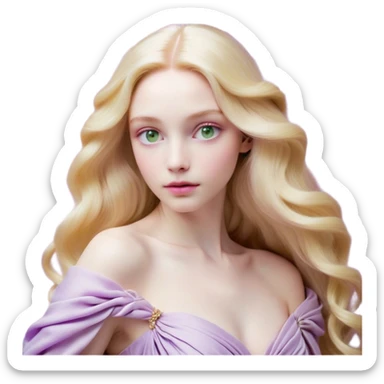 Cinematic Realistic Rapunzel Portrait, with porcelain-like skin featuring a subtle, natural glow, illuminated by soft lighting that brings out the gentle contours of her face. Her long, golden blonde hair cascades in detailed waves, each strand highlighted with a radiant shimmer as it catches the light. Her bright, expressive green eyes exude curiosity and warmth, framed by delicate lashes and soft, arched brows. Her expression is playful and vibrant, with a gentle smile. She is dressed in her classic lavender and pink gown, the fabric textured with delicate folds that flow naturally, catching the light with a soft, radiant glow. The portrait captures a luminous, enchanting aura, seamlessly blending realism with a whimsical, fairytale charm, evoking a timeless sense of beauty and magic. sticker