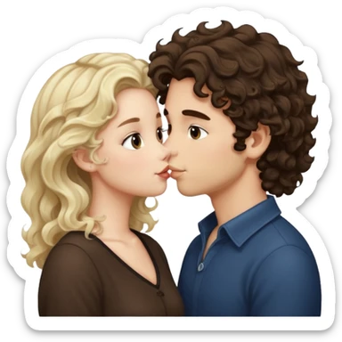 White Italian boy with dark brown wavy fluffy hair and blonde girl that's pale with wavy hair kissing sticker