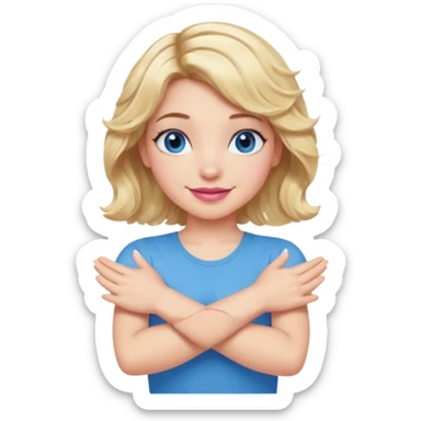 Girl Blonde short wavy hair,  blue eyes, cute blue top, long lashes, pink lips, smiling, making cross arms X with arms  sticker