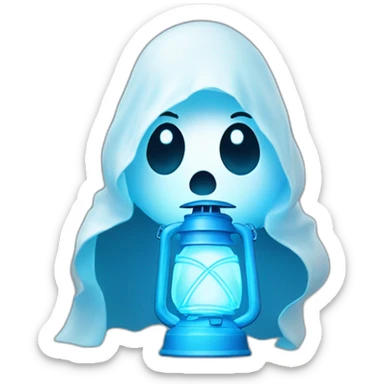 Ghost outlined in glowing white, holding a neon-blue lantern sticker