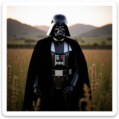 A portrait of a Darth vader in the foreground, blurred plants in the foreground (close to the camera), a wooden fence in the midground, rolling hills in the background, cinematic depth of field, layered composition, natural lighting sticker