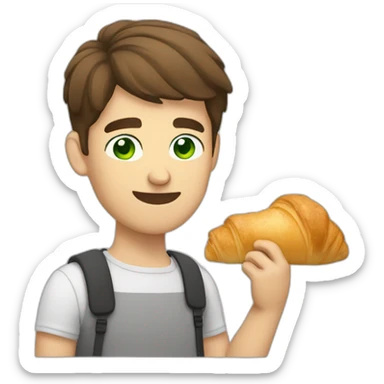 Man with short brown hair and green eyes eating croissant sticker