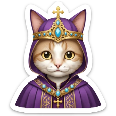 “Half-body humanoid figure with a realistic cat face, wearing ornate bishop robes and a mitre, dark gothic background, dramatic lighting, highly detailed.” sticker