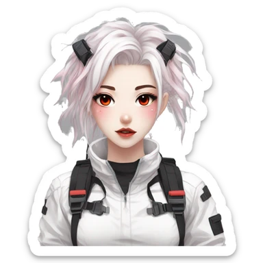 Gorgeous pastel white techwear anime style lady with blushing face aesthetic and pretty edgy black red white punk messy hair with collar and harness trending style sticker