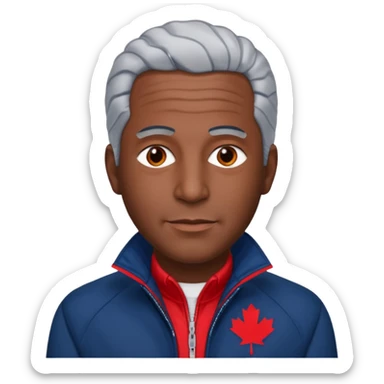 Jeffery Epstein with dark blue jacket and red logo  sticker