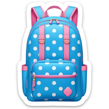 A stylish cute school backpack, medium-sized, bright blue color, It features a polka dots pattern of across the front pocketwith white and pink color, giving it a sleek yet dynamic look, front view sticker