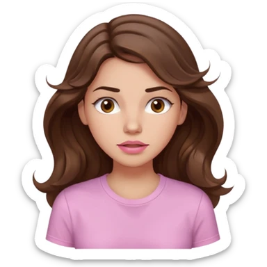 girl with wavy long brown hair, brown eyes, light to medium complexion, long lashes, light pink lipstick, wearing light pink shirt, sweating sticker