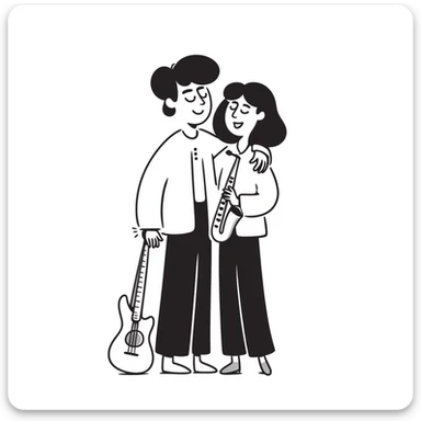 Two musicians standing side by side, both facing forward, with one's arm over the other's shoulder in a friendly side hug, both smiling, musical instruments nearby, fraternal camaraderie sticker
