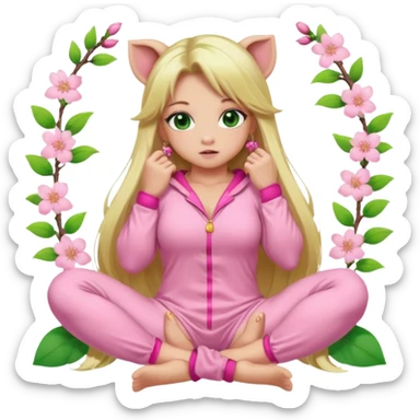 sexy and muscled, full body, in pink kegurumi pig pijamas, sexy girl, long blond hair, beautiful green eyes, makeup, earrings, muscled, surrounded by pink flowers and sakura petals sticker
