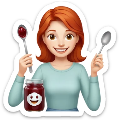redhead woman with big smile taking some jam with a spoon from glass jar sticker