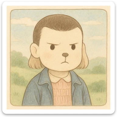Transform the dog into a version of Eleven from Stranger Things, keeping the simple and delicate line style of the reference drawing, colored in pastel tones, in Ghibli style, square format 1:1. sticker