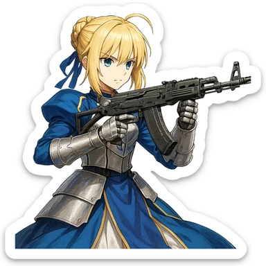 Artoria Pendragon from Fate Grand Order holding a Polish Beryl 96 rifle, detailed anime style, blue and silver armor, blonde hair, blue eyes, heroic pose sticker