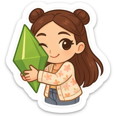 Create a chibi sticker of the girl from the reference image. She has brown straight hair styled in double buns, brown eyes, wearing a pastel floral cardigan and jeans. The expression is flirty and she is hugging a plumbob. The sticker should have a white outline and a transparent background, sized 512x512px. sticker