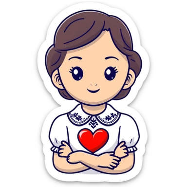 beautiful young girl wearing a white Ukrainian embroidered shirt with a big heart sticker