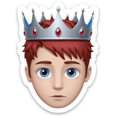 grey boy head with right eye blue and left eye red. he has messy brown hair and a silver crown with rubies on it sticker
