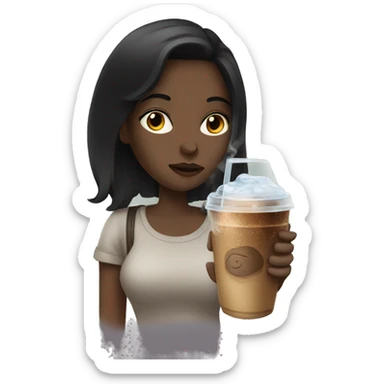 girl with dark hair smoking with an iced coffee sticker
