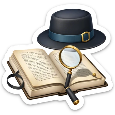 Icon for Detective Reading: an open book with text and a magnifying glass, a detective’s hat and a notebook with clues, surrounded by dark shadows and mysterious elements like footprints. Transparent background. sticker