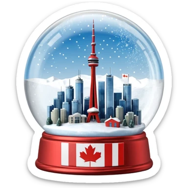 A Tiny beautiful hyperrealistic Glass Snow globe, with Toronto City CN tower within the global, full of snow, with canadian flag, expressing  a snow storm in ontario. "TORONTO 2026" Craved into the metal label on front.  Isolated, 3D render  sticker