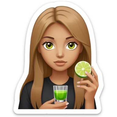 tan woman, black shirt, long light brown straight hair, grey eyes, holding a shot with lime sticker