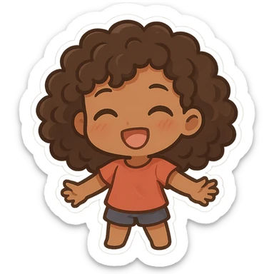 chibi emoji of a female with curly hair and brown skin, happy expression sticker