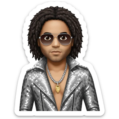 Lenny Kravitz with long dark brown hair, silver sequin outfit sticker