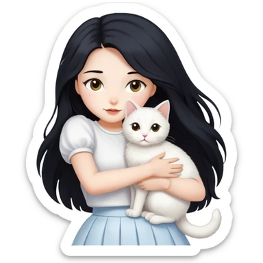 A beautiful girl with long black hair wearing a white skirt holds a cute white cat in her arms sticker